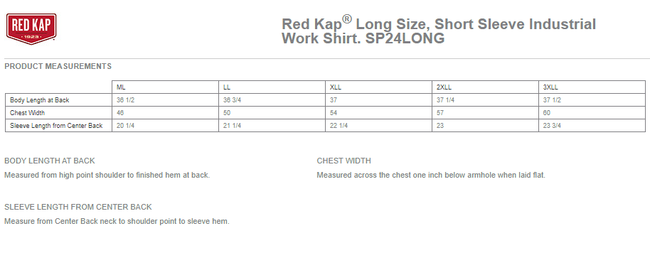 SP24LONG Red Kap® TALL Size, Short Sleeve Industrial Work Shirt