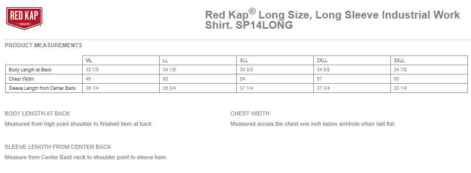 SP14LONG Red Kap® TALL Size, Long Sleeve Industrial Work Shirt