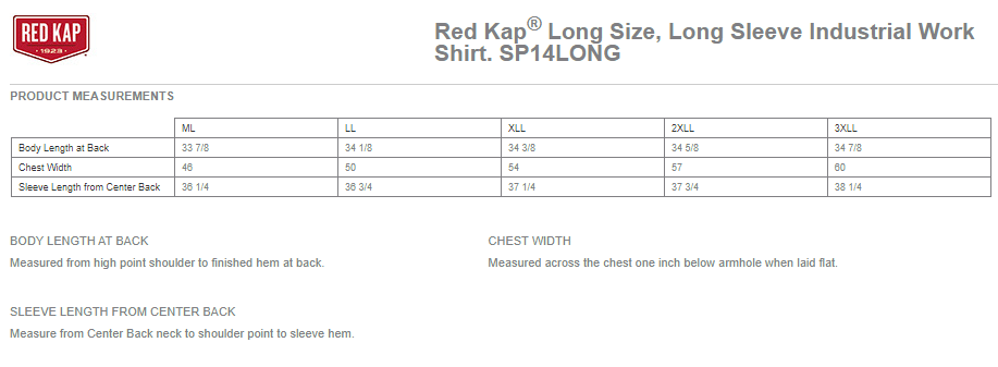 SP14LONG  Red Kap® TALL Size, Long Sleeve Industrial Work Shirt